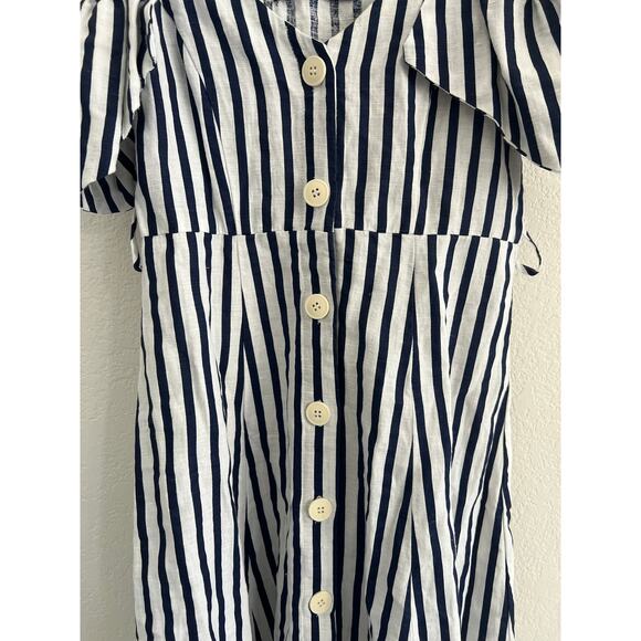 Zara Blue White Striped Cold Shoulder Button Up Linen Blend Sundress Womens XS - Picture 7 of 16